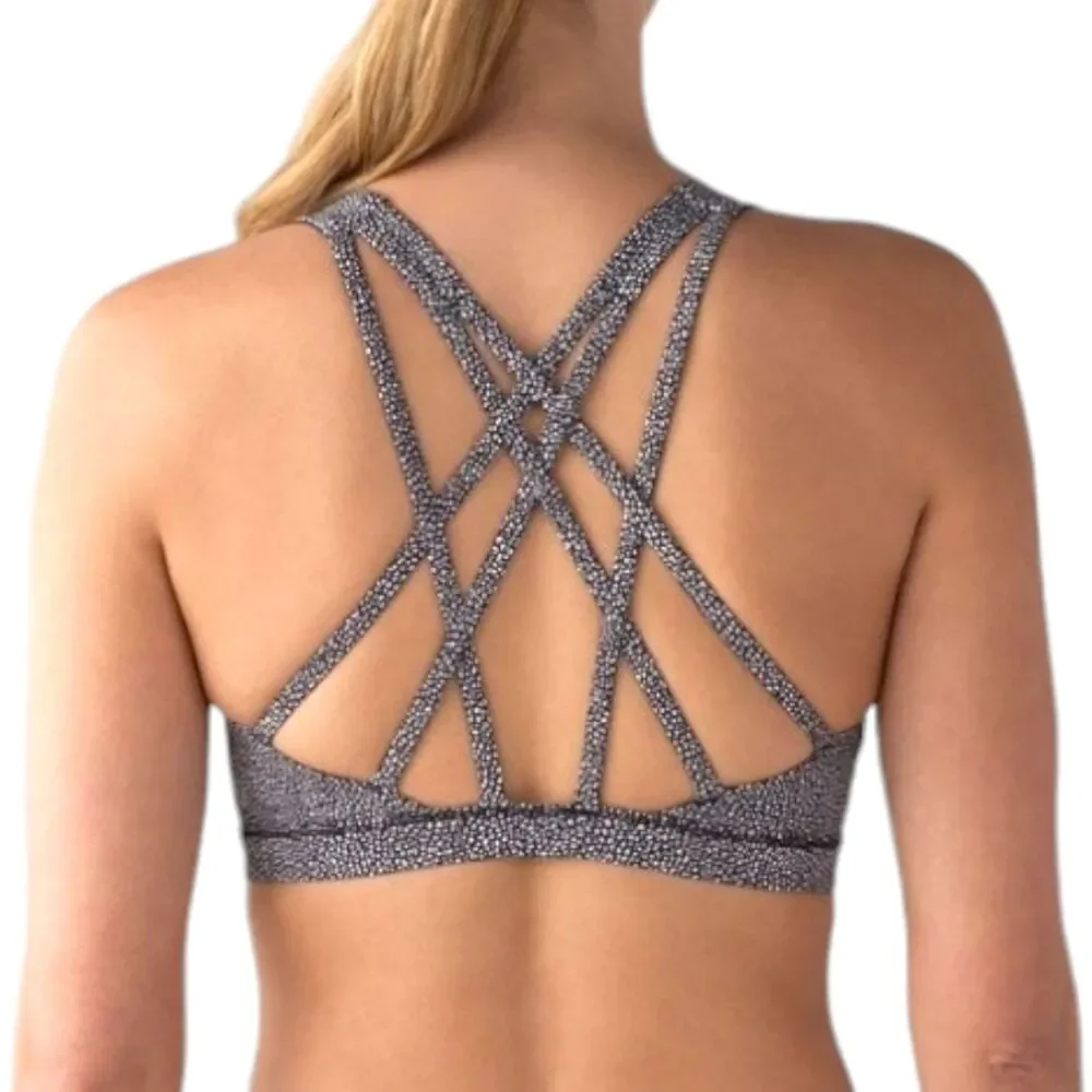 Lululemon Sports Bra Womens 6 Gray Chakra Print Strappy Free To Be Serena Gym